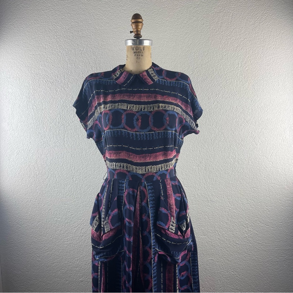 Vintage l 50s S Rayon Abstract Novelty Geometric Draped Hip Pockets Collar Dress